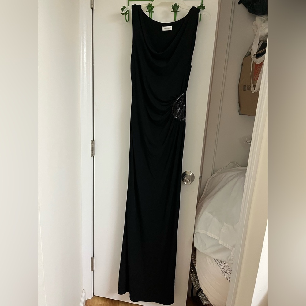 Calvin Klein black cowl neckline evening maxi dress